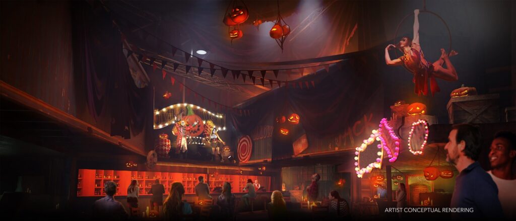Artist rendering of a Halloween-themed bar called Jack’s Alley, filled with glowing jack-o’-lanterns, circus-style lights, and a stage with a creepy clown figure. Aerial performer in red costume hangs from a hoop above, while guests enjoy drinks at a neon-lit bar under festive, spooky decor.