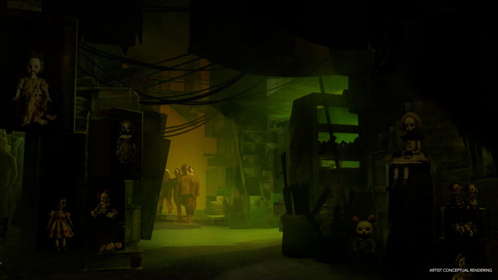 
[ID:02] A dimly lit, unsettling room filled with eerie dolls and broken toys displayed on shelves and shadowy corners. The walls are cluttered with stacked crates and hanging wires, creating a claustrophobic, decaying atmosphere. A group of visitors cautiously enters from a glowing yellow corridor, their figures silhouetted by the sickly green lighting. Caption reads "Artist Conceptual Rendering."