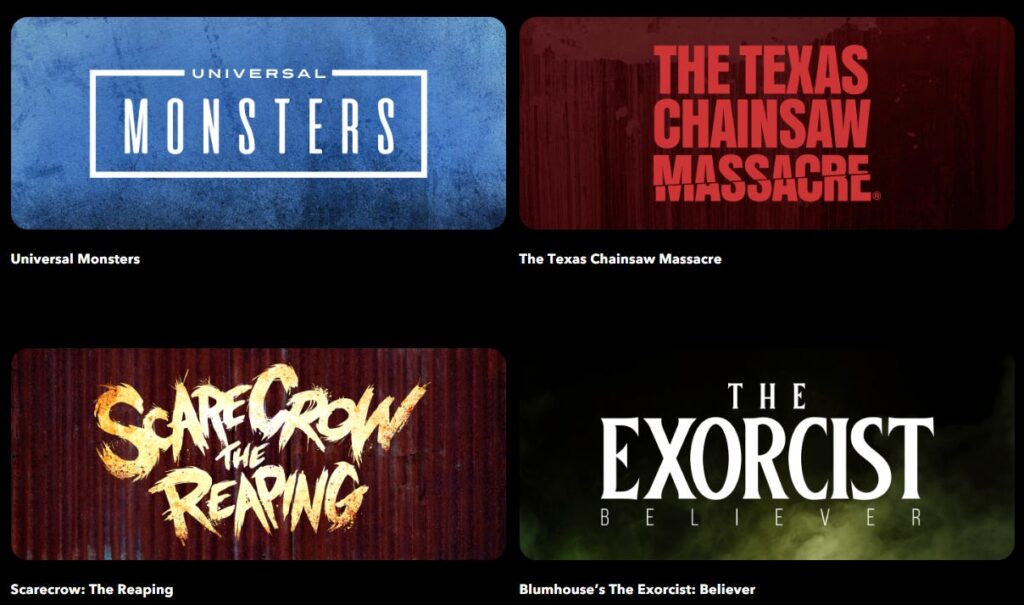 A grid of four horror-themed title cards. Top left reads "Universal Monsters" in clean white text on a textured blue background. Top right is "The Texas Chainsaw Massacre" in bold red lettering against a blood-smeared wood backdrop. Bottom left says "Scarecrow: The Reaping" in jagged yellow and white text over rusted corrugated metal. Bottom right features "The Exorcist: Believer" in elegant white serif font on a dark green, smoky background.