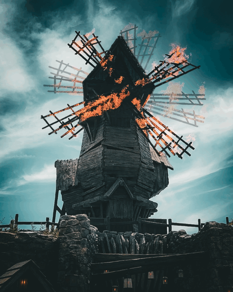 A towering old wooden windmill looms against a stormy sky, its massive blades engulfed in bright orange flames. The structure appears weathered and eerie, set above a stone base that adds to its haunted, cinematic atmosphere.