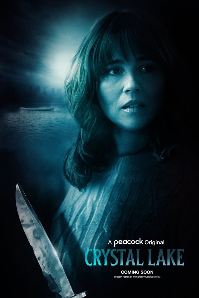 Dark, moody poster for Crystal Lake, a Peacock Original series, showing a woman with shoulder-length hair looking offscreen, illuminated in blue light. In the foreground, a large knife catches light ominously, and behind her, a canoe floats on a foggy lake under a moonlit sky. Text reads “A Peacock Original – Crystal Lake – Coming Soon.”