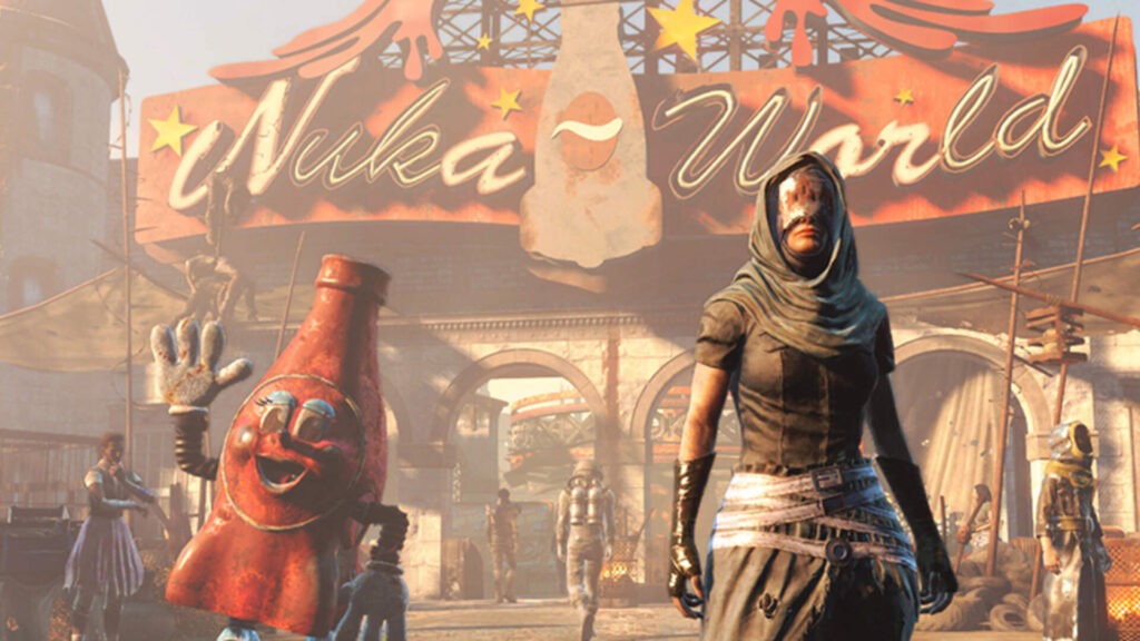 A woman in tattered post-apocalyptic clothing and a hood walks through the entrance of Nuka-World, a decaying amusement park themed around the Fallout universe’s fictional soda brand. Behind her, a costumed character in a smiling red Nuka-Cola bottle suit waves amid scattered survivors and ruined attractions, under a faded red sign that reads “Nuka-World” with bottle imagery and stars.