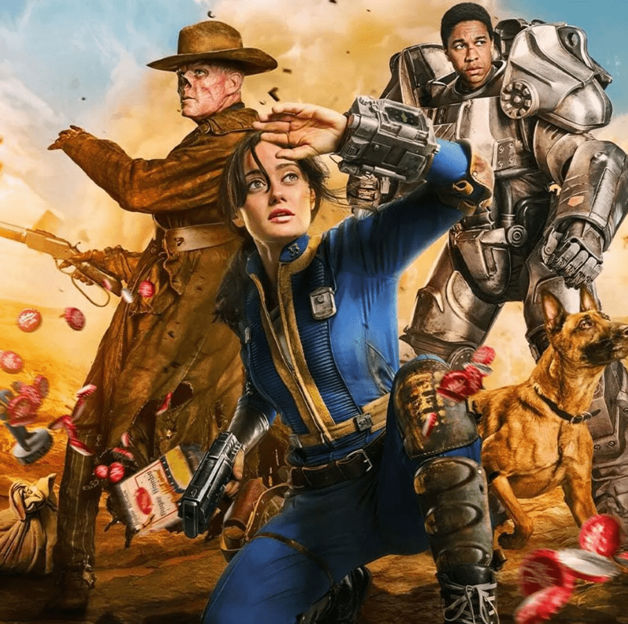 Three characters from the Fallout TV series strike action poses in a desert-like wasteland: a woman in a blue and yellow Vault-Tec jumpsuit kneels in the foreground, shielding her eyes and holding a pistol; behind her stands a grizzled man in a tattered cowboy outfit with a robotic face, aiming a rifle; and to the right, a man in bulky Power Armor looks on, flanked by a German Shepherd. Red bottle caps and debris fly through the air, with a burst-open Nuka-Cola pack on the ground, reinforcing the post-apocalyptic chaos.