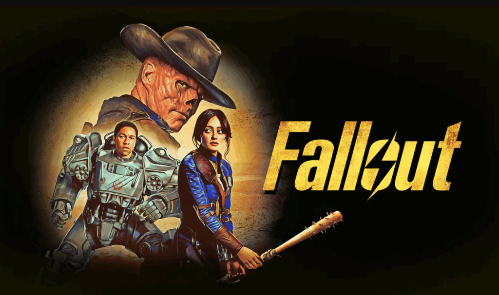 Illustrated promotional image for the Fallout series, featuring three characters: a disfigured man in a cowboy hat, a person in bulky power armor, and a woman in a blue Vault-Tec suit wielding a spiked baseball bat. The word "Fallout" appears in large, weathered yellow lettering on a black background.