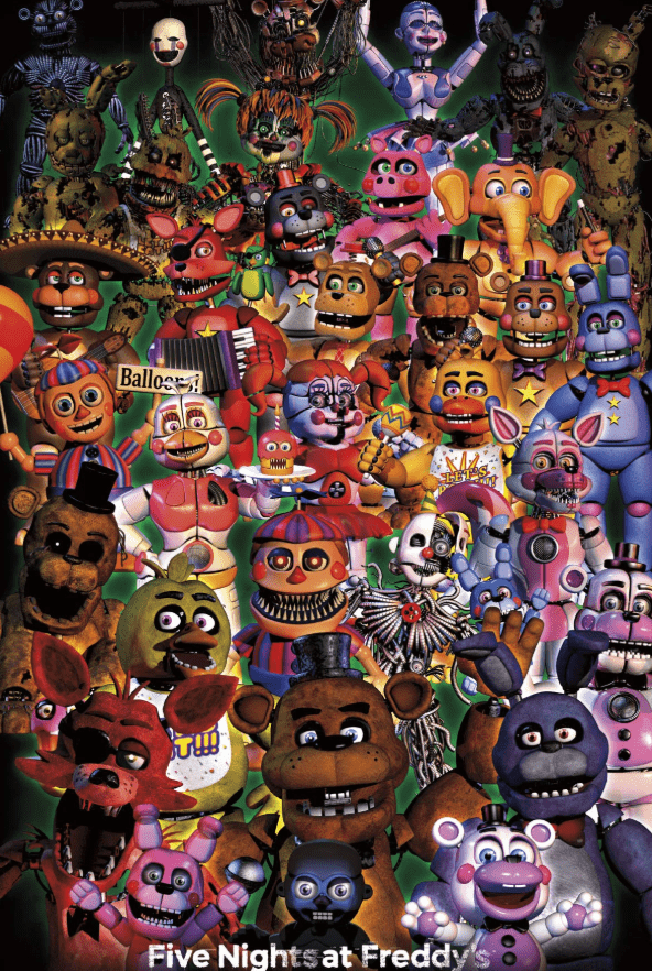 A vibrant collage of *Five Nights at Freddy’s* characters fills the poster, showcasing dozens of animatronics from across the franchise. The image includes Freddy Fazbear, Bonnie, Chica, Foxy, Balloon Boy, Circus Baby, Springtrap, and many more, layered in front of a glowing green background with the title "Five Nights at Freddy’s" at the bottom. The characters are depicted in various styles from different games, highlighting the evolution of the series.