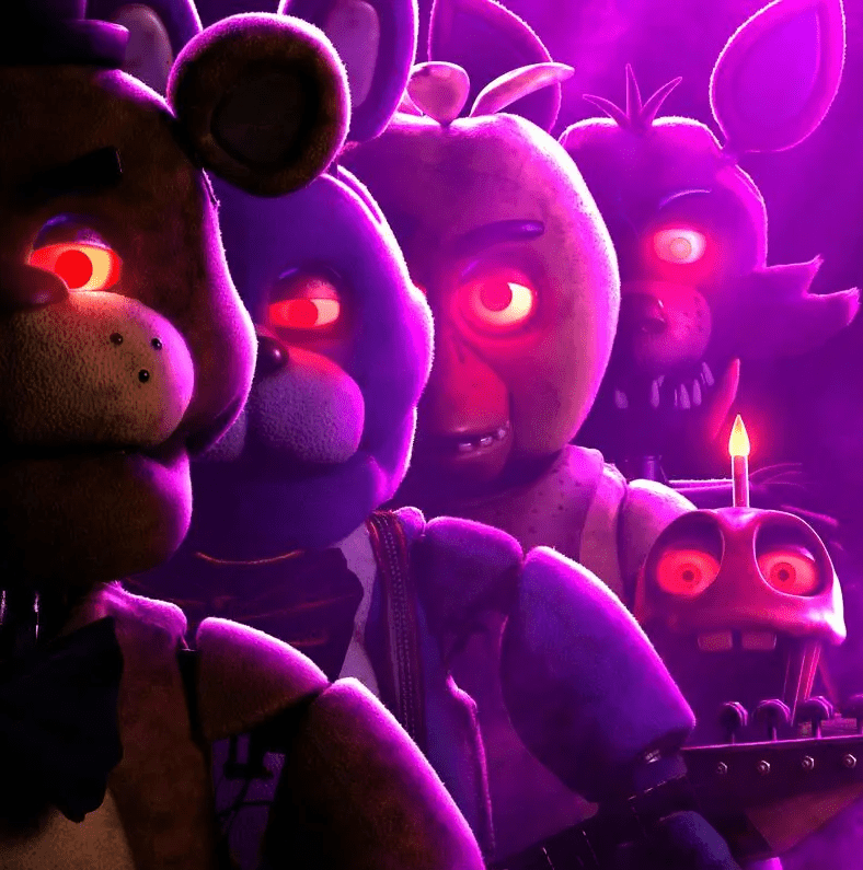 Five animatronic characters from the *Five Nights at Freddy’s* franchise stand in a dramatic purple haze, glowing red eyes piercing through the shadows. From left to right: Freddy Fazbear, Bonnie, Chica, Foxy, and the Cupcake animatronic, all rendered in a detailed, eerie style, lit by ominous red and magenta tones.