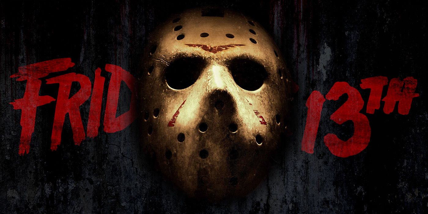Close-up of a worn, beige hockey mask with black eye holes and red markings, set against a dark, grungy background. The words “FRIDAY 13TH” in bold, red, distressed lettering flank the mask, referencing the horror movie franchise "Friday the 13th."