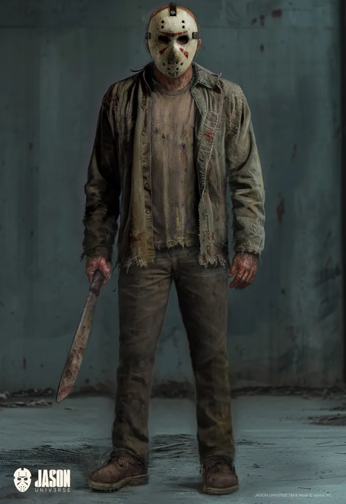 A menacing figure stands in a grimy, dimly lit room wearing a worn hockey mask, tattered clothing, and holding a large bloodstained machete. This depiction of Jason Voorhees from the "Friday the 13th" franchise is gritty and realistic, with the "JASON UNIVERSE" logo in the bottom corner.