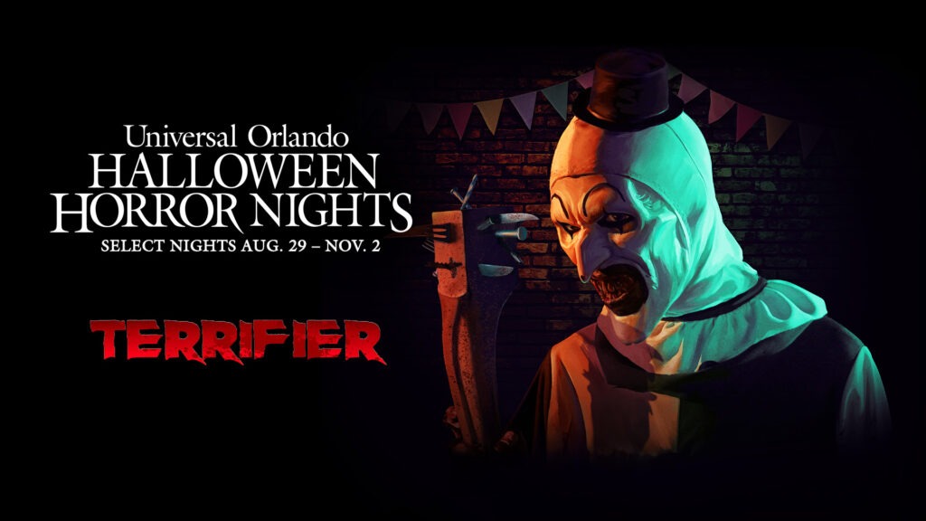 "Promotional poster for Universal Orlando Halloween Horror Nights featuring Terrifier. A sinister clown in white face paint, black hat, and ruffled costume holds a blood-stained weapon against a dark brick wall with carnival flags. The event dates are listed as August 29 to November 2.