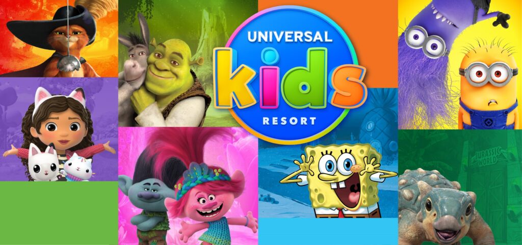 Colorful promotional collage for Universal Kids Resort featuring characters from popular children's franchises. Clockwise from top left: Puss in Boots with a sword, Shrek hugging Donkey, purple and yellow Minions, a dinosaur in front of a Jurassic World sign, SpongeBob SquarePants, two Trolls (Poppy and Branch), Gabby from Gabby’s Dollhouse with two cat plushies, and a central Universal Kids Resort logo in blue, pink, and green.