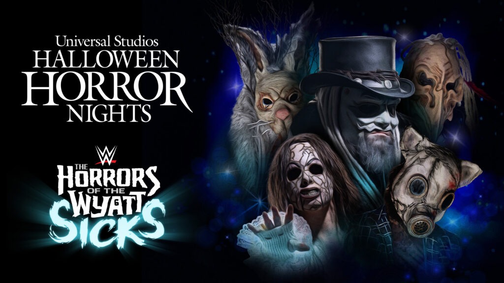 A group of eerie masked figures, including a long-haired man in a top hat, a person in a rabbit mask, and others with gas masks and tattered costumes, are surrounded by dark, glowing blue mist. The image promotes Universal Studios Halloween Horror Nights and WWE’s The Horrors of the Wyatt Sicks, blending wrestling with haunted house horror themes.