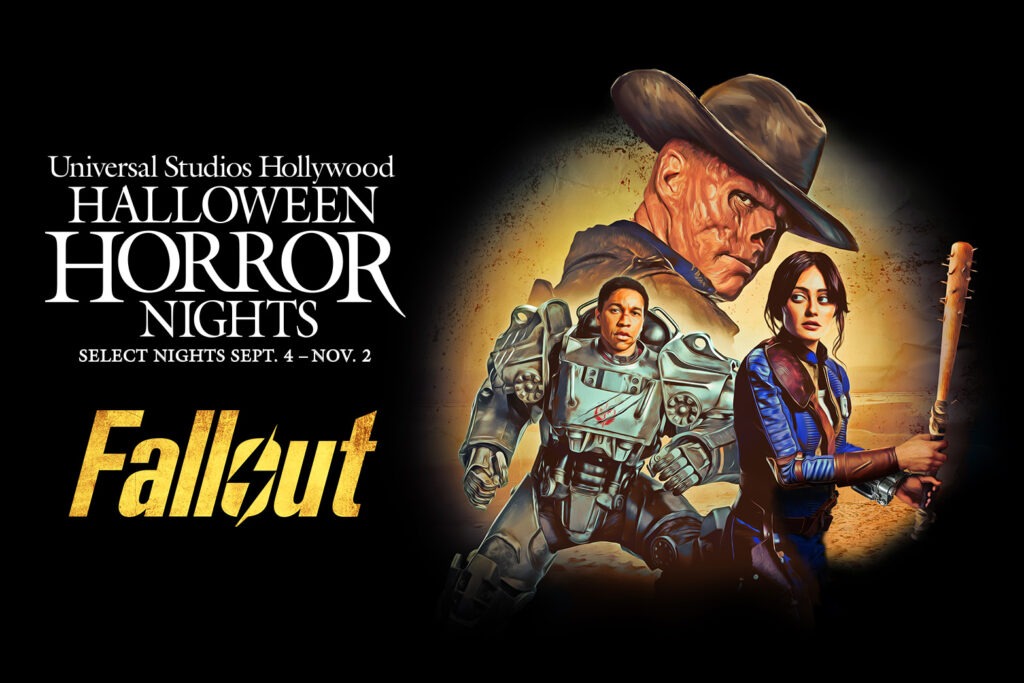 Promotional poster for Universal Studios Hollywood Halloween Horror Nights running September 4 to November 2, featuring characters from Fallout, including a man in power armor, a woman in a blue vault suit holding a spiked bat, and a stern-faced cowboy against a desert backdrop.