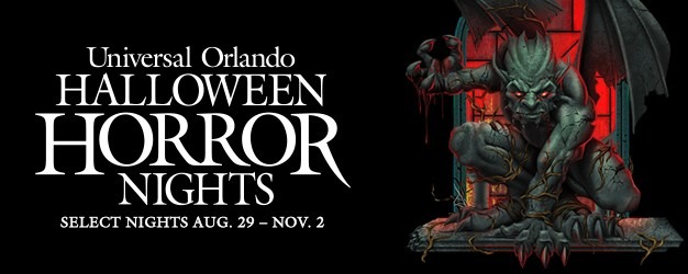 Promotional banner for Universal Orlando Halloween Horror Nights featuring event dates from August 29 to November 2, with a menacing stone gargoyle crouched in front of a red-stained window and glowing red eyes.
