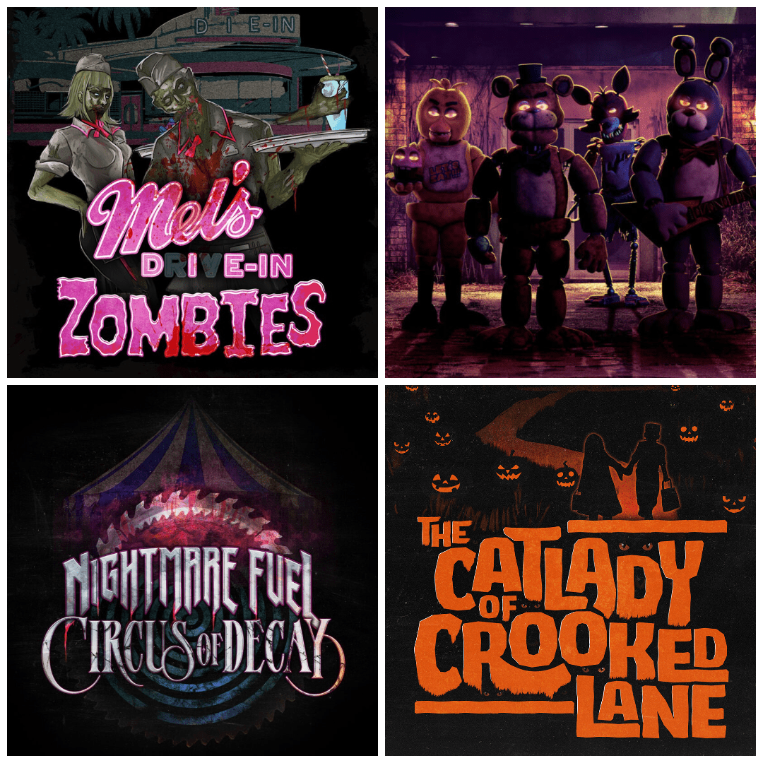 Halloween Horror Nights 34 event lineup Illustration of two green-skinned zombies dressed as retro diner staff holding a food tray, with a neon sign reading "Mel’s Drive-In Zombies" in front of a dark drive-in backdrop. Four eerie animatronic animal characters, including a bear, bunny, and chicken, standing in a dimly lit alley with menacing glowing eyes. Dark circus-themed artwork showing a jagged saw blade beneath a striped big top tent, with the title "Nightmare Fuel Circus of Decay" in sharp, gothic lettering. Vintage-style Halloween poster with silhouettes of a couple walking among glowing jack-o’-lanterns, featuring the bold orange title "The Catlady of Crooked Lane" with cat eyes peeking through the letters.